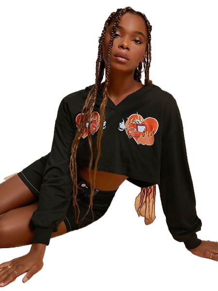 

x penelope ping fire truck print drop shoulder hoodie b9nh#, Black