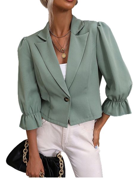 

flounce sleeve single button blazer r67k#, White