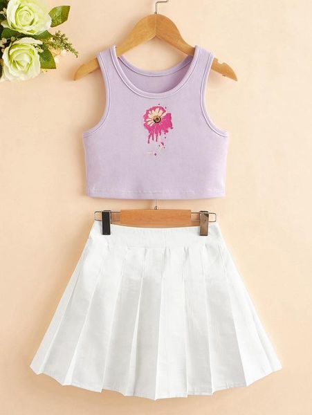 

girls floral print tank & pleated skirt she, White