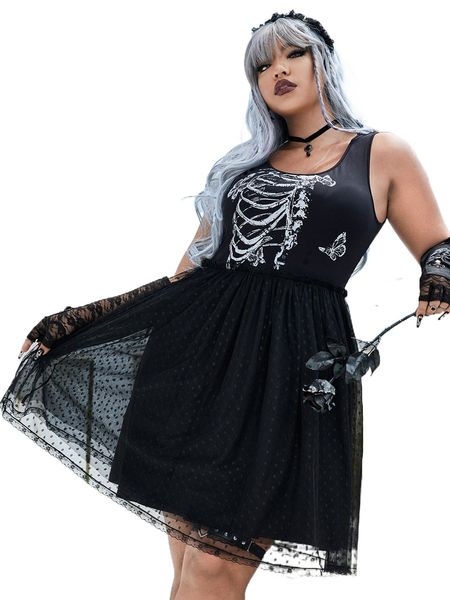 

plus skull print mesh dress 50qf#, Black