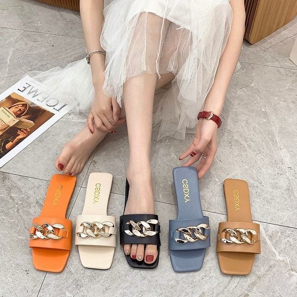 

square head sandals for women to wear out in summer 2022 new metal buckle large leisure flat bottom beach flip flop, Black