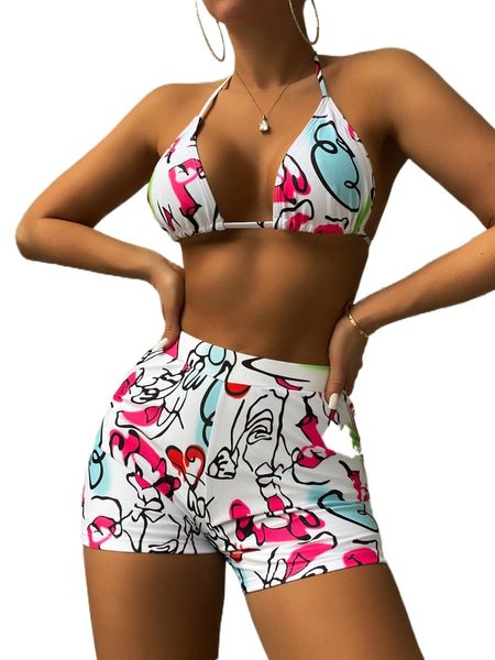 

stick figure print micro triangle shorts bikini swimsuit k1b4#, White;black