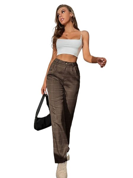 

tall high waist plaid straight leg pants r2ok#, Black;white