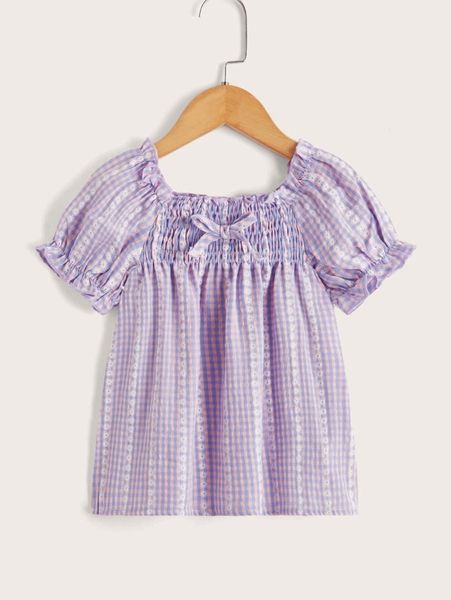 

toddler girls gingham shirred tie front puff sleeve blouse she, White;black