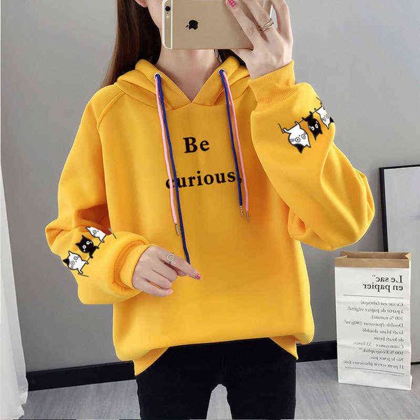 Übergroße Frauen Kleidung Kapuze -Sweatshirt süße Patchwork -Taschen Pullover Tops Harajuku Katze gedruckt Langarm Hoodies Frauen Y220810