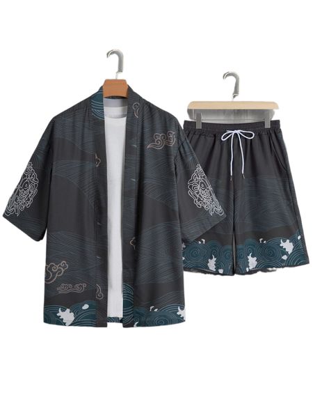 

men auspicious clouds print kimono with shorts without tee i4lm#, Gray