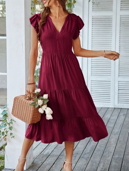 

flutter sleeve ruffle hem dress h64z#, Black;gray