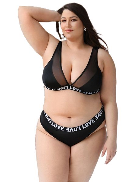 

plus letter graphic contrast mesh wireless lingerie set g9c8#, Black;white