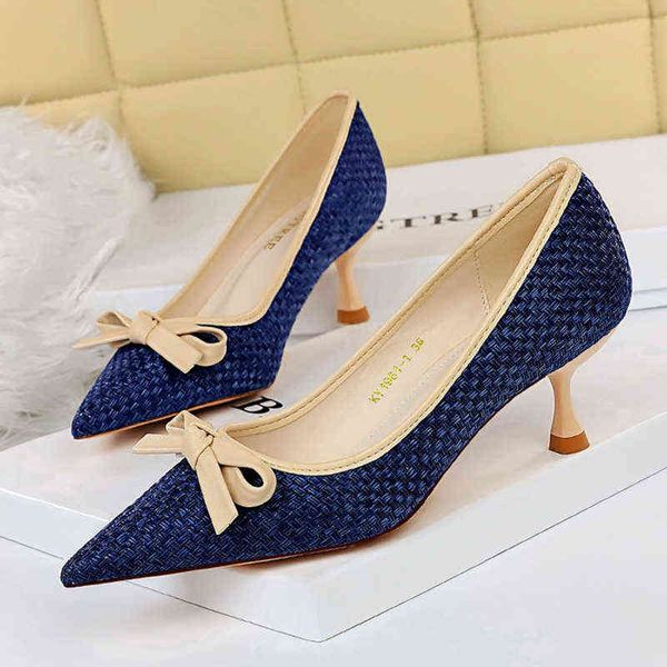 2021 Элегантные женщины 6 см. Тонкие высокие каблуки насосы бабочки синие желтые низкокабованные каблуки Дизайнерские женские ботинки лолита Scarpins G220516