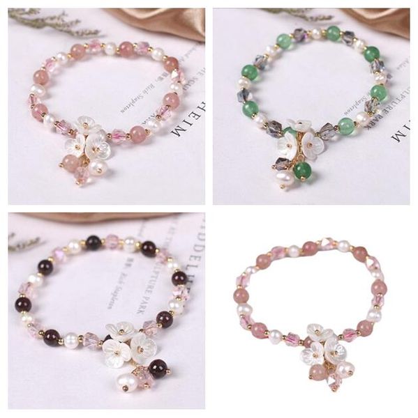 

100% freshwater pearl bracelet beaded strands shell flower garnet strawberry crystal pearls white wedding fashion jewelry, Black