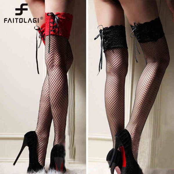 

stockings women thigh high socks sheer lace fishnet stockings hosiery ladies red black white hollow out mesh stocking t220808