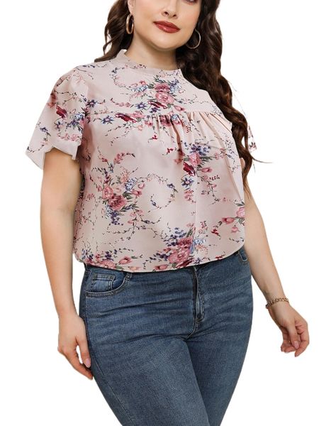 

plus floral print butterfly sleeve blouse r4k3#, Black