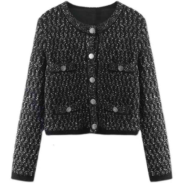 

women's hoodies sweatshirts hh autumn high-end small fragrance fashion versatile temperament celebrity sequined cashmere knitted cardig, Black