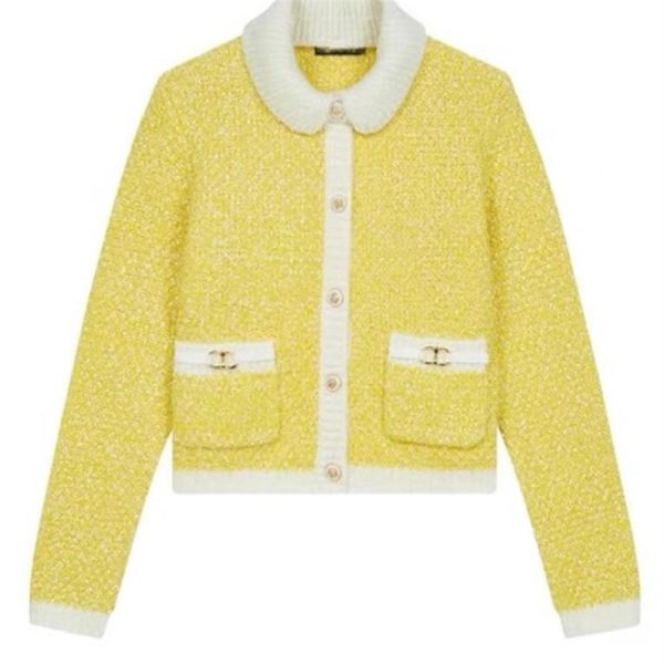 

21sf maje knitted cardigan with white yarn coat color yellow260n, Black;brown