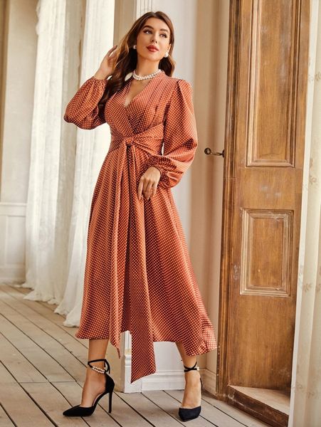 

polka dot lantern sleeve knot front dress j7wq#, Black;gray