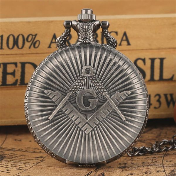 

big g masonry masonic pattern pocket watch antique vintage silver gray quartz clock pendant necklace chain gifts2474, Slivery;golden