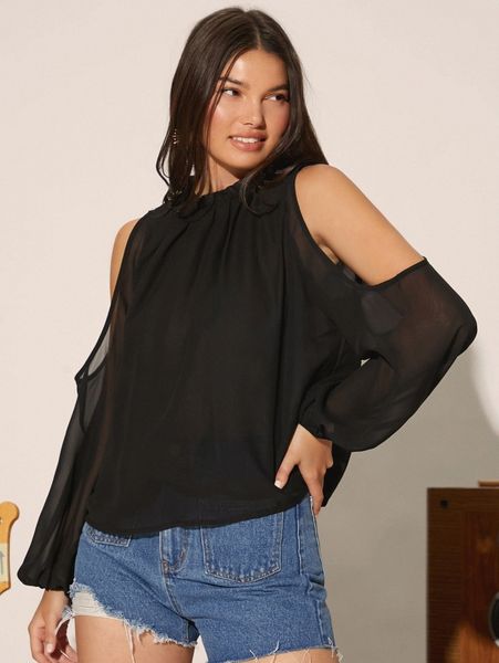 

cold shoulder frilled tie back lantern sleeve chiffon blouse 81db#, White