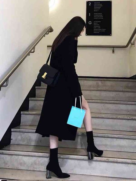 

boots thin boots women's spring high-heeled knitted short pointed socks thick heel elastic medium tube knight, Black