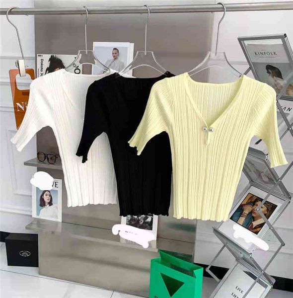 

women's knits tees v-neck round bead button hole strip hollow slim fitting short sleeve sweater women, White