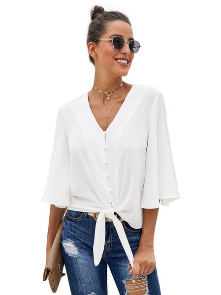 

2022 trendy t shirts for women fashion v neck loose fit spring summer be dressed 3/4 sleeve womens blouses size s-xxl, White