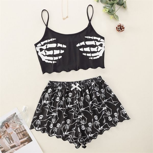 Frauen Sommer Skeleton Schädel Leibchen Shorts Pyjama Sets Weibliche Sexy Sleevless Crop VestElastic Taille Kurze Hosen Nachtwäsche 2 stücke 220527