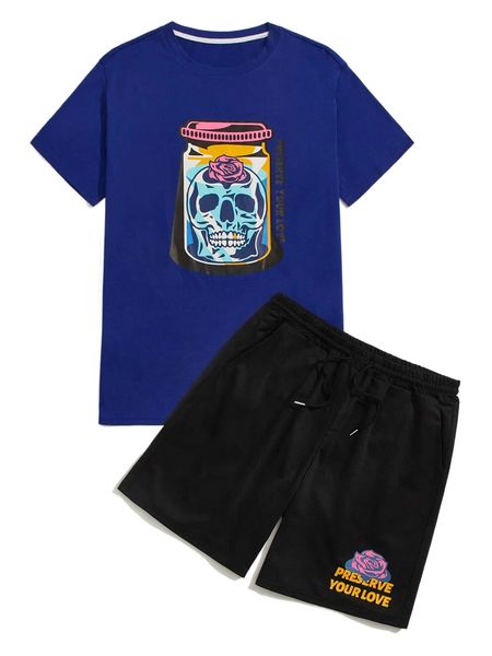 

romwe x tedcreation guys skull print tee & drawstring shorts n9xs#, Gray