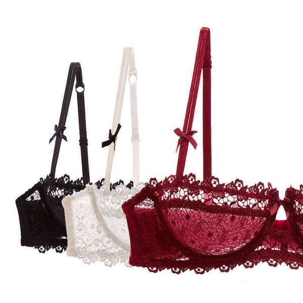 

half cup lace bra female lingerie unlined transparent bras for women push up plus size underwear mesh brassiere a b c d t220726, Red;black