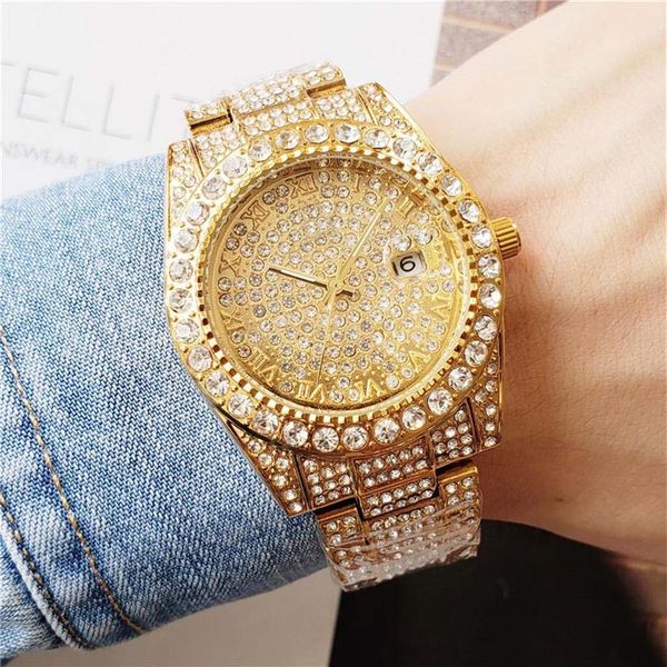 

rol business mens diamond watch male designer watches round full diamond ring watch roman numeral hour mark iced out watch day dat2626, Slivery;brown