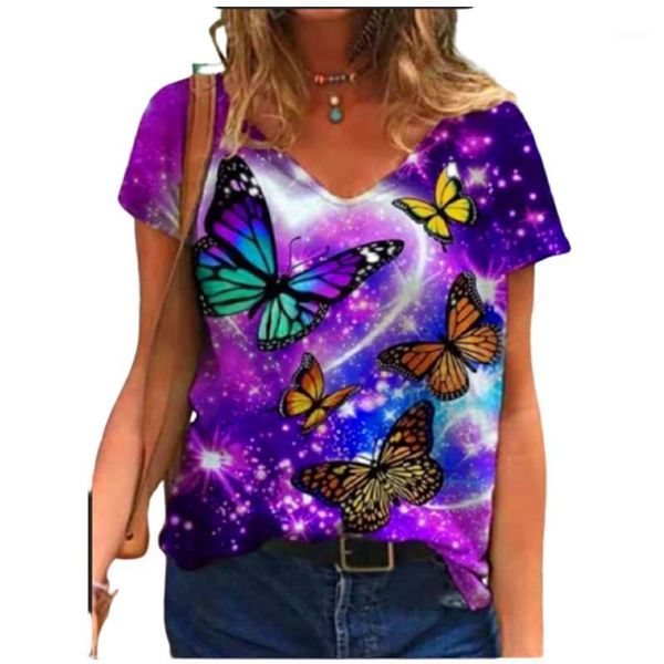 Mulheres T-shirt 2022 Moda Mulheres 3D Borboleta Impressão T Camiseta Loose Plus Size Tops Casuais Verão Senhoras Oversized Manga Curta V-Neck Tee