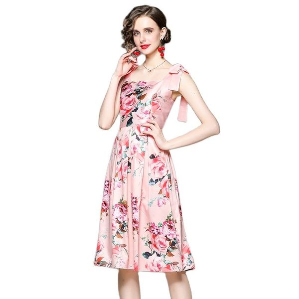 

2022 summer floral suspenders pink dress woman designer vacation paris fashion printed pleated beach dresses runway women clothes slim party, Black;gray