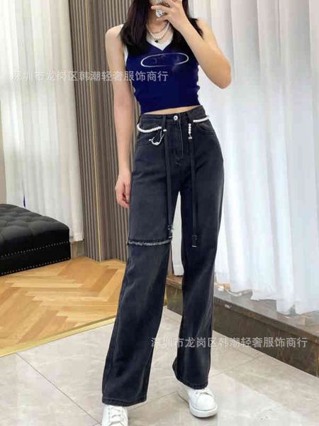 

women's jean xiaoxiang pearl belt jeans women's autumn and winter high waist straight tube wide leg pants shenzhen nanyou, Blue