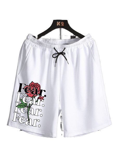 

romwe guys letter floral graphic drawstring shorts v5ui#, White;black