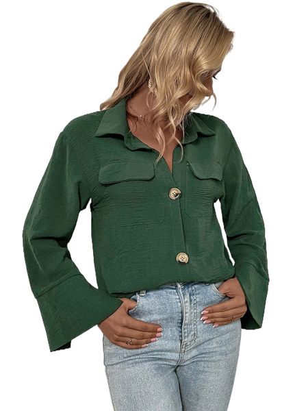 

flap pocket split cuff shirt l6my#, White