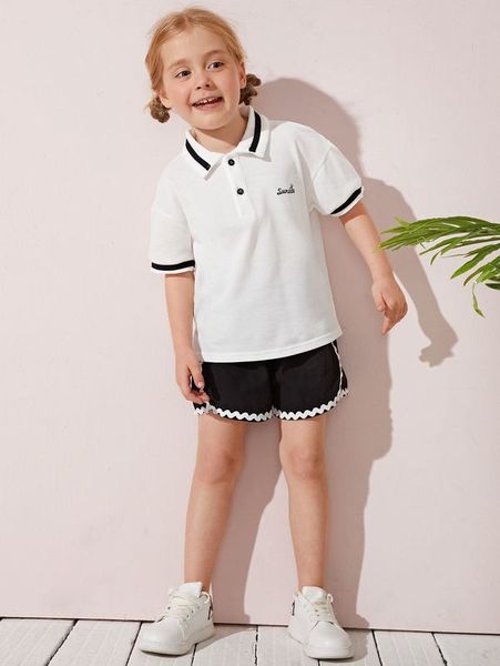 

toddler girls striped trim letter embroidered polo shirt she, Blue