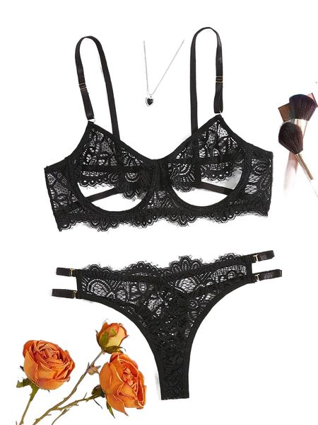 

lace panel cut out underwire v-string lingerie set h8ye#, Black;red