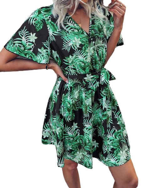 

tropical print butterfly sleeve belted dress w62a#, Black;gray