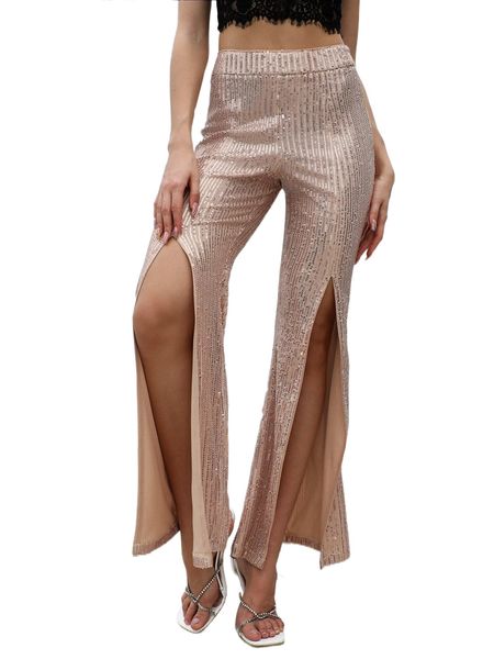 

d& high waist split hem sequins pants 68ch#, Black;white