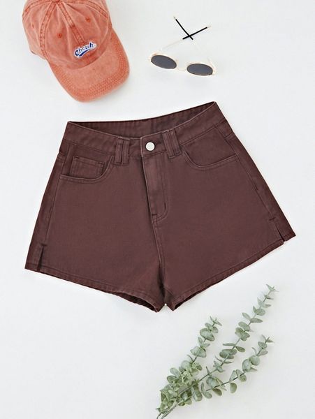 

solid slant pockets split hem denim shorts c5de#, White;black