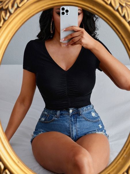 

sxy solid ruched front tee r3tt#, White