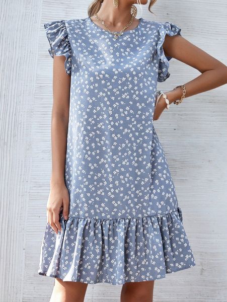 

ditsy floral butterfly sleeve ruffle hem smock dress j8g5#, Black;gray