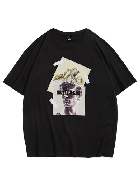 

men slogan & sculpture print tee 52fp#, White;black