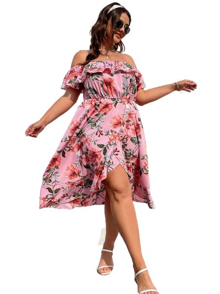 

plus floral print ruffle off shoulder wrap hem dress o9vq#, Black
