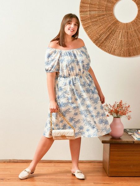 

plus palm tree & tiger print off shoulder dress j0mx#, Black