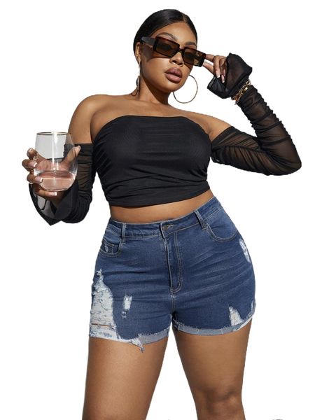 

sxy plus ripped raw hem denim shorts 873q#, White;black