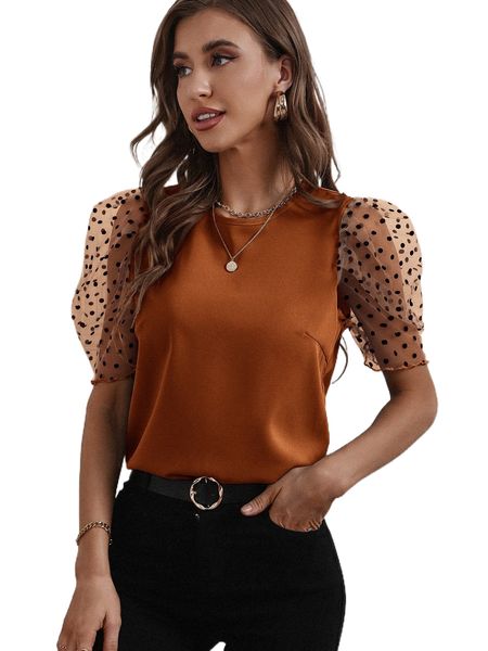 

dobby mesh puff sleeve blouse z9mm#, White