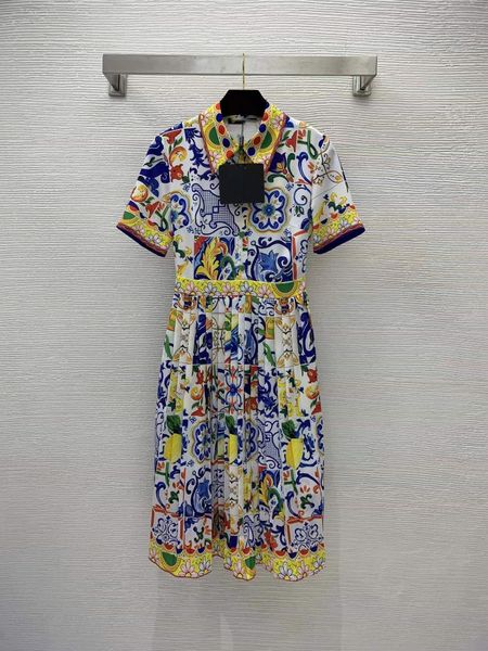 

designer dresses 2022 summer autumn lapel neck short sleeve panelled print fashion milan runway brand same style dress 0612-13, Black