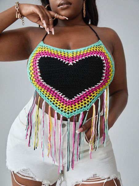 

plus color block tassel hem halter cover up f6n1#, Black