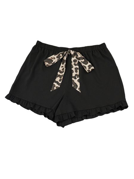 

plus leopard print tie front ruffle hem shorts k6ka#, Black