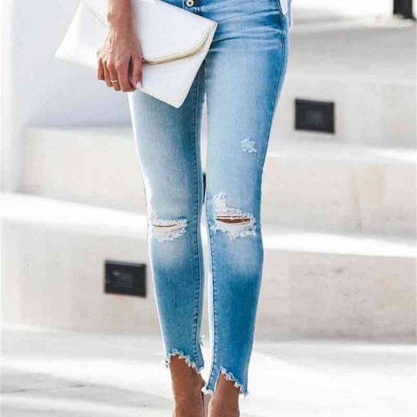 

women's jeans women's jeans with irregular burr hem and elastic slim fit casual pants 52x7, Blue