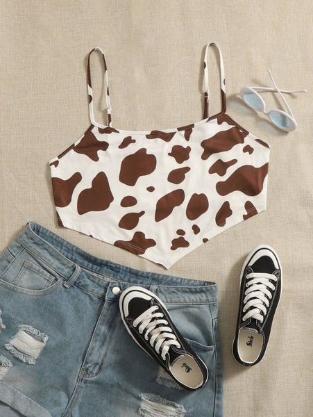 

plus cow print asymmetrical hem cami y7wp#, Black